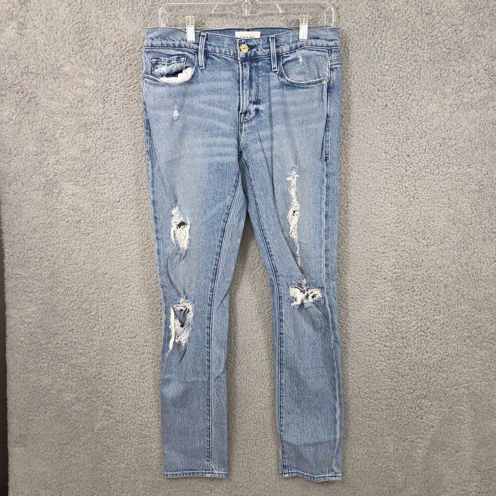 FRAME Women's Le Garcon Mid Rise Distressed Jeans Denim Beldon Rips Size 27